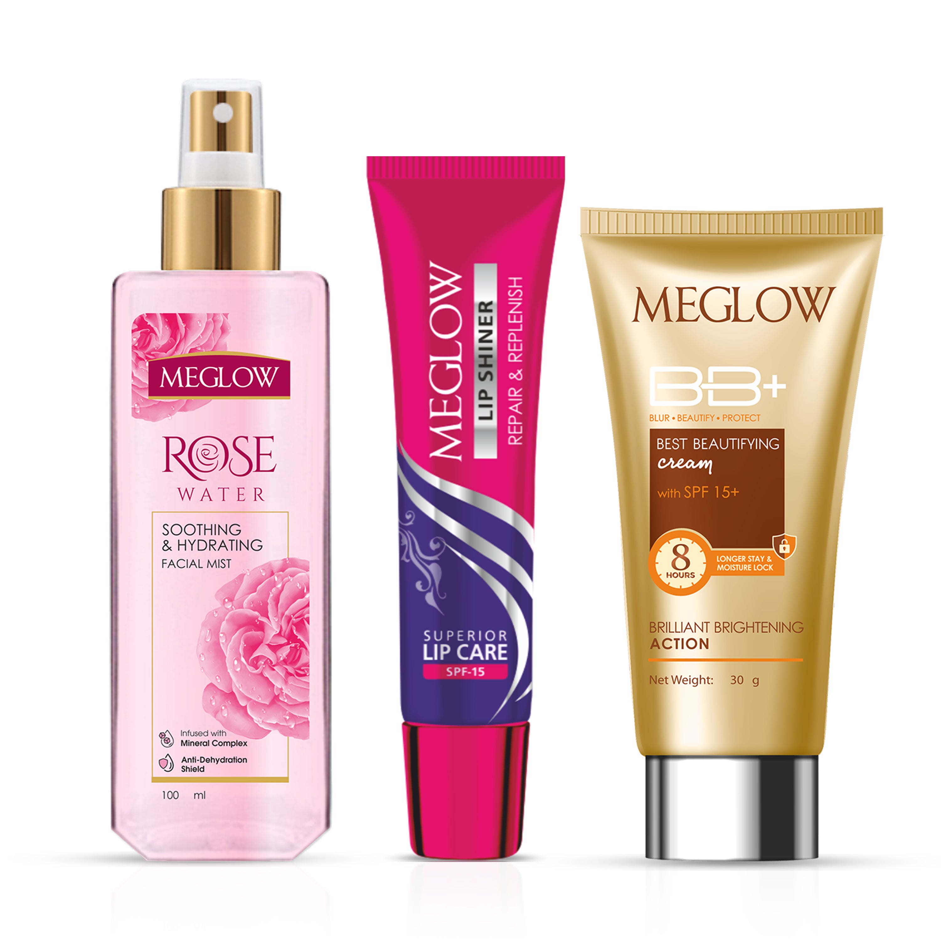 Glow Wizard Kit - Meglow Lip Shiner 15g + MEGLOW BB+ Rose Water Toner for Face
